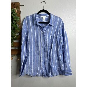 H&M Shirt Womens X Large Blue Striped Linen Button Up Collared Top Long Sleeves